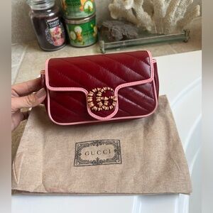 Authentic Gucci GG Marmont Flap Bag Diagonal Quilted Leather Super Mini Azalea